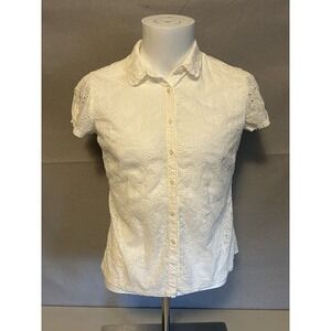Johnny Was White Eyelet Button Down Blouse Sz M-looks Small-Boho Peasant Cottage